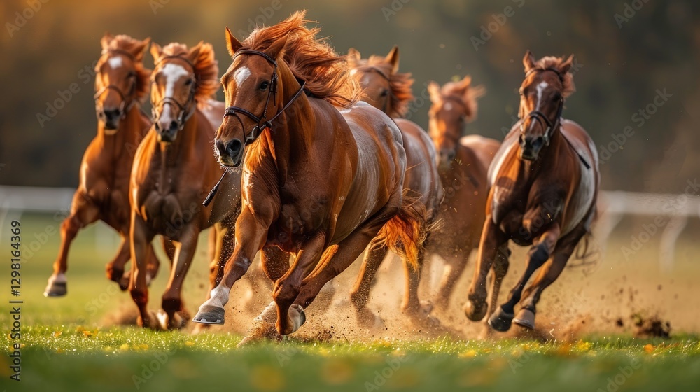 Obraz premium Chestnut horses racing sunset field autumn