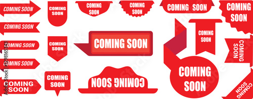 Coming Soon promo banners, stickers and tag labels. Vector isolated red pink shop or store banners and ribbon signs
