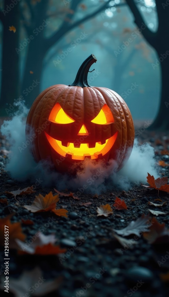 Fototapeta premium Mist rises from the base of a glowing pumpkin, mystery, shadows, mist