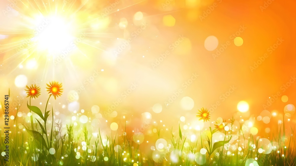Fototapeta premium Vibrant Sunny Meadow with Blooming Flowers and Bokeh Background