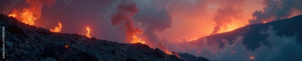 Misty fog swirls around glowing embers in an eerie landscape of abstract flames, eerie landscape, soft focus Misty fog swirls around glowing embers in an eerie landscape of abstract flames, eerie landscape, soft focus