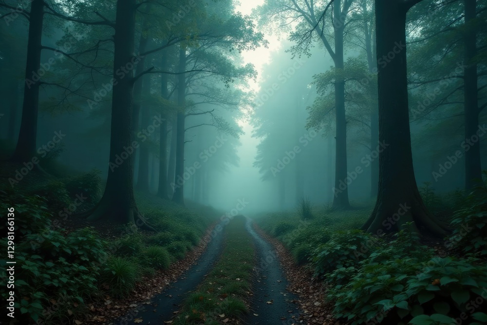Obraz premium Misty forest path shrouded in foggy atmosphere, dark, atmosphere