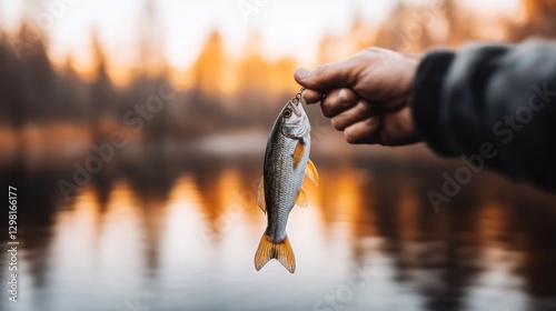 Sunset Catch: A hand proudly displays a freshly caught fish against the backdrop of a serene lake at sunset, showcasing a moment of tranquility and achievement in fishing. 