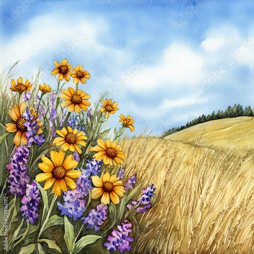 A golden-hued watercolor depicting prairie wildflowers such as purple coneflowers, black-eyed Susans, and wild lupines, stretching across the vast Great Plains
