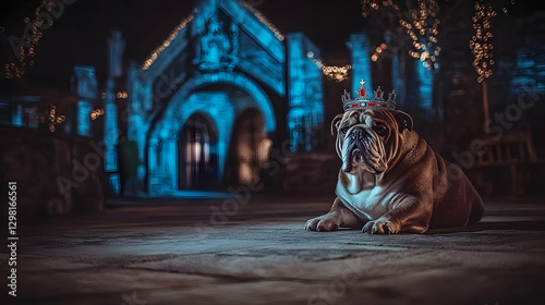 Majestic Bulldog in Crown, Night Illustration