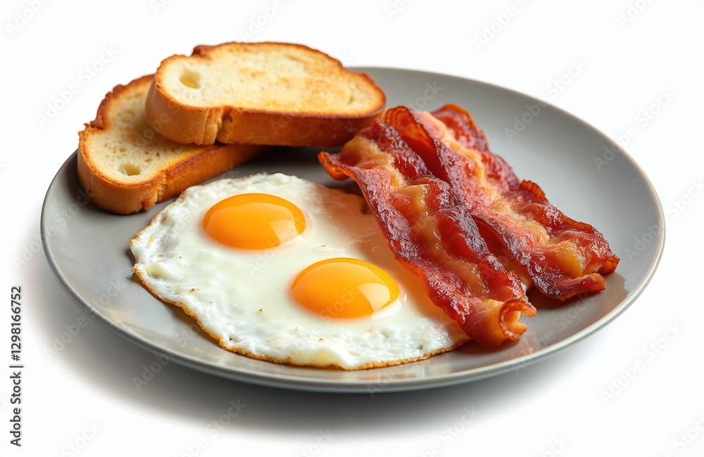 Two fried eggs, bacon strips, toasts on plate against white background. Classic breakfast with crispy bacon, yolk and bread for food blogging, cooking concept, restaurant menu. Two fried eggs, bacon strips, toasts on plate against white background. Classic breakfast with crispy bacon, yolk and bread for food blogging, cooking concept, restaurant menu.