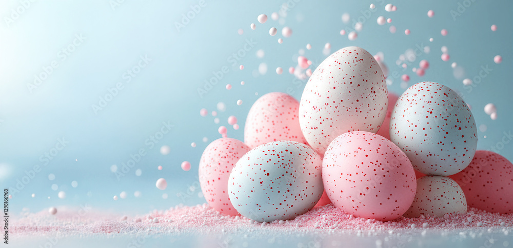 Pastel eggs with vibrant speckles on soft background