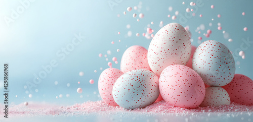Obraz na płótnie Pastel eggs with vibrant speckles on soft background w salonie