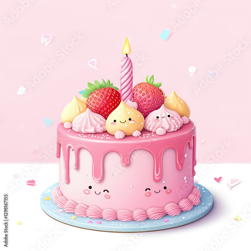 cute pink cake with single candle, decorated with strawberries and meringue, features adorable smiling faces. cake has dripping icing design and is set against pastel background with heart