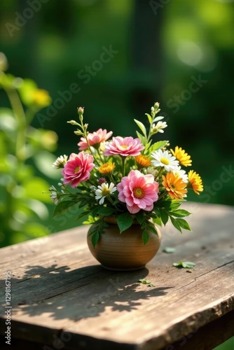 Wallpaper Mural Rustic wooden table features a charming floral centerpiece amidst lush greenery, garden, leafy greens, organic Torontodigital.ca
