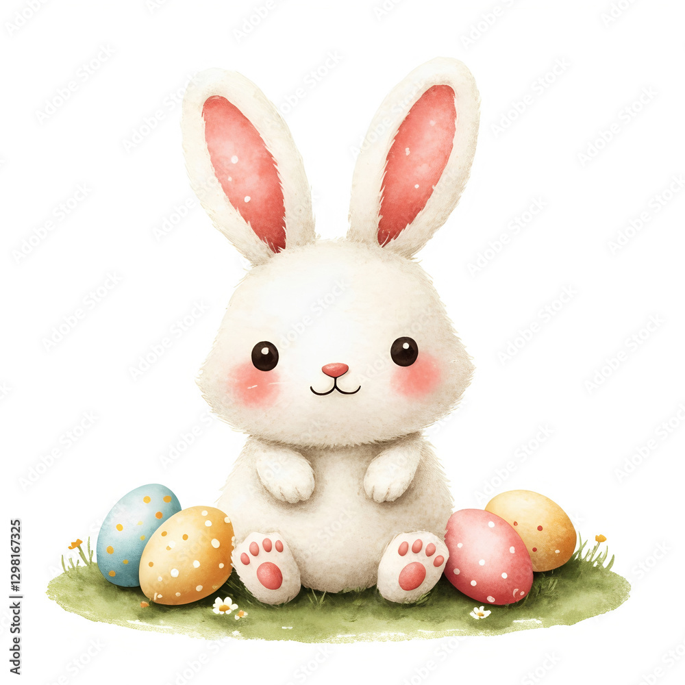 Obraz premium cute white bunny with pink ears sits on grass surrounded by colorful Easter eggs, creating cheerful and festive atmosphere