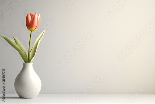 A single tulip in a white vase, placed on a light gray surface.