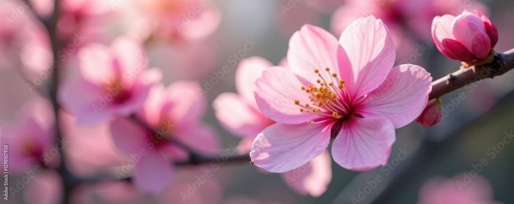 Fototapeta premium Soft pink petals unfurl on a blooming tree branch, blossom tree, blossoms