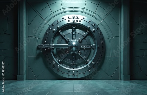 Realistic bank vault composition with safe storage entrance. Massive circle shaped locking door, secure access to valuable assets, wealth. Fortified design, robust protection for digital finance,