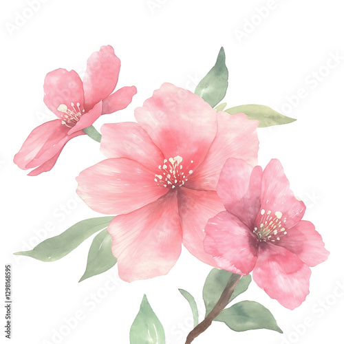 Watercolor illustration of pink flowers with green leaves on white background. delicate petals and soft colors create serene and elegant floral composition