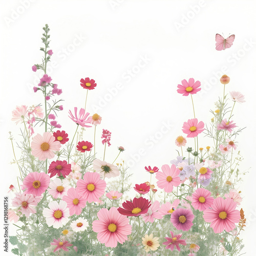 vibrant array of pink and red wildflowers with butterfly fluttering above, set against soft white background, creating serene and cheerful scene