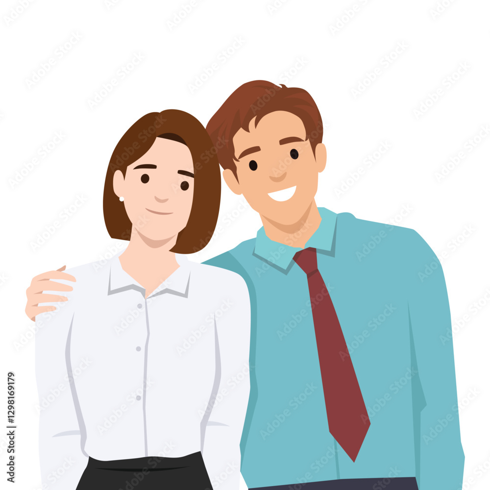 Happy Couple Together. Smiling man showing woman happiness and closeness. Flat vector illustration isolated on white background Happy Couple Together. Smiling man showing woman happiness and closeness. Flat vector illustration isolated on white background