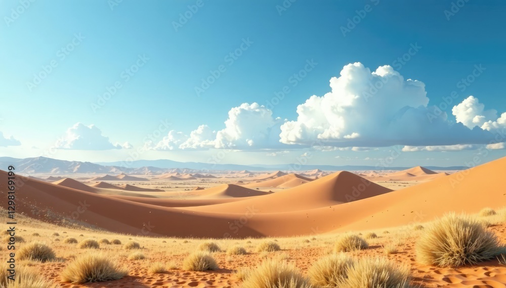 Fototapeta premium Soft white clouds drift over vast steppes below, serene, calm, steppes