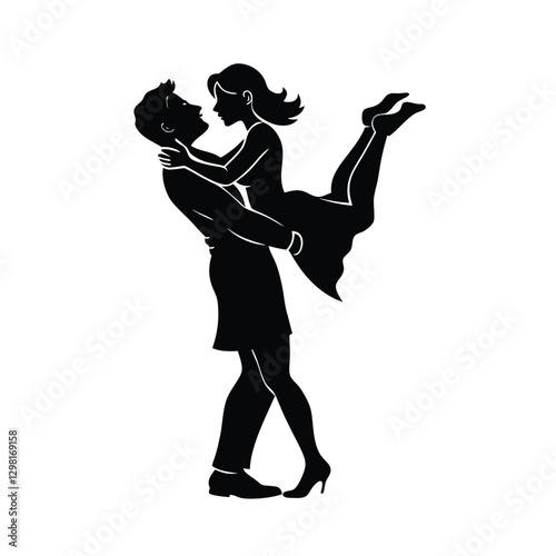 Silhouette of man lifting woman in passionate embrace expressing love