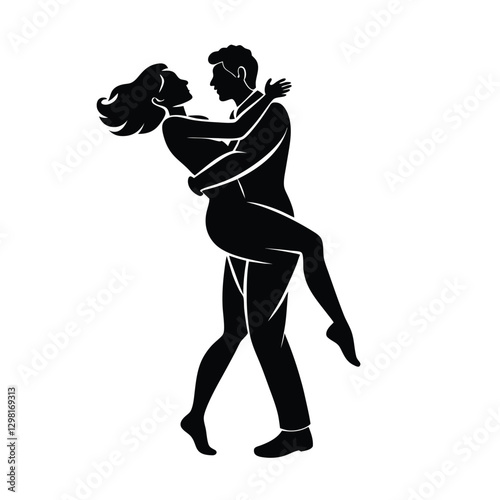 Romantic couple silhouette with man lifting woman in joyful embrace