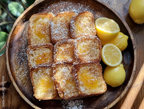Beautifully Plated Dessert with French Toast, Lemon Slices in Natural Light