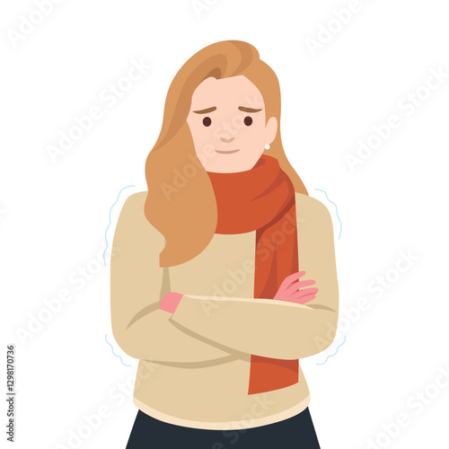 Young woman Shivering in the Cold. Showing signs of being cold. Flat vector illustration isolated on white background