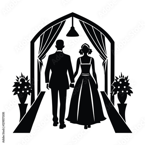 Romantic silhouette of couple walking down the aisle as newlyweds