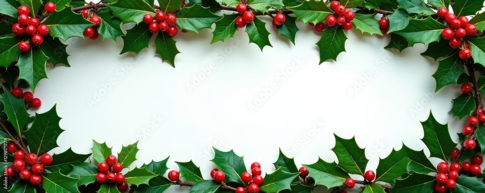 A festive holly bush in red berries and green leaves border, bush, evergreen, border A festive holly bush in red berries and green leaves border, bush, evergreen, border