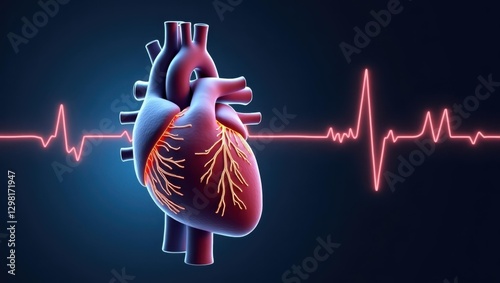 Ejection Fraction. Human anatomical heart with heartbeat pulse line, c