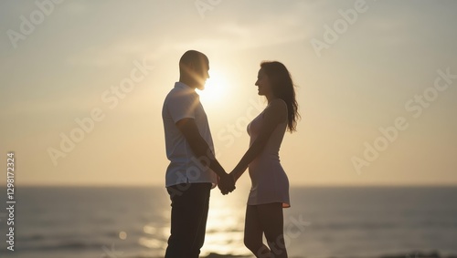 Ethical Non Monogamy. Man and woman are holding hands on beach at sunset