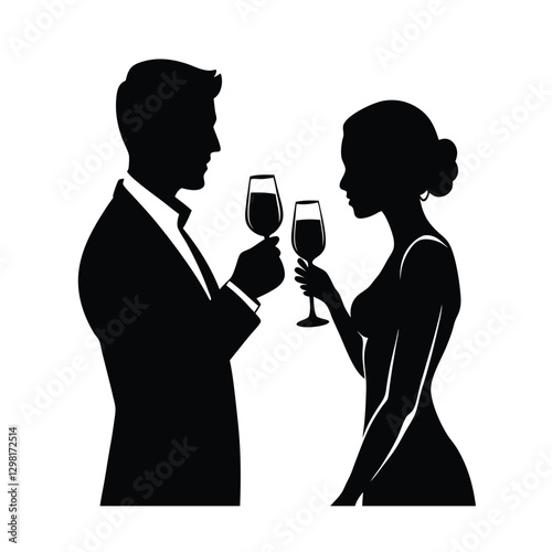 Silhouette of romantic couple toasting with wine glasses celebrating love