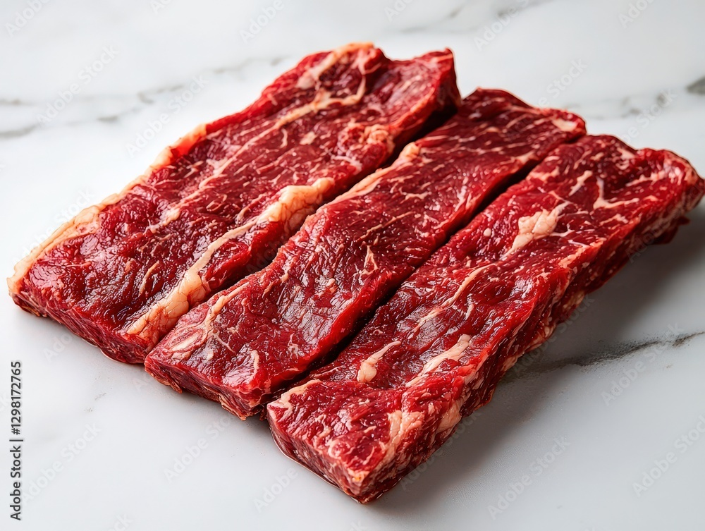 Obraz premium Freshly Cut Raw Beef Ribs on Elegant Marble Surface for Culinary Use
