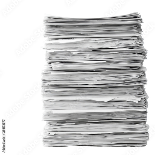 A tall stack of neatly arranged papers in various sizes, showcasing a disorganized yet structured appearance. isolated on white background.