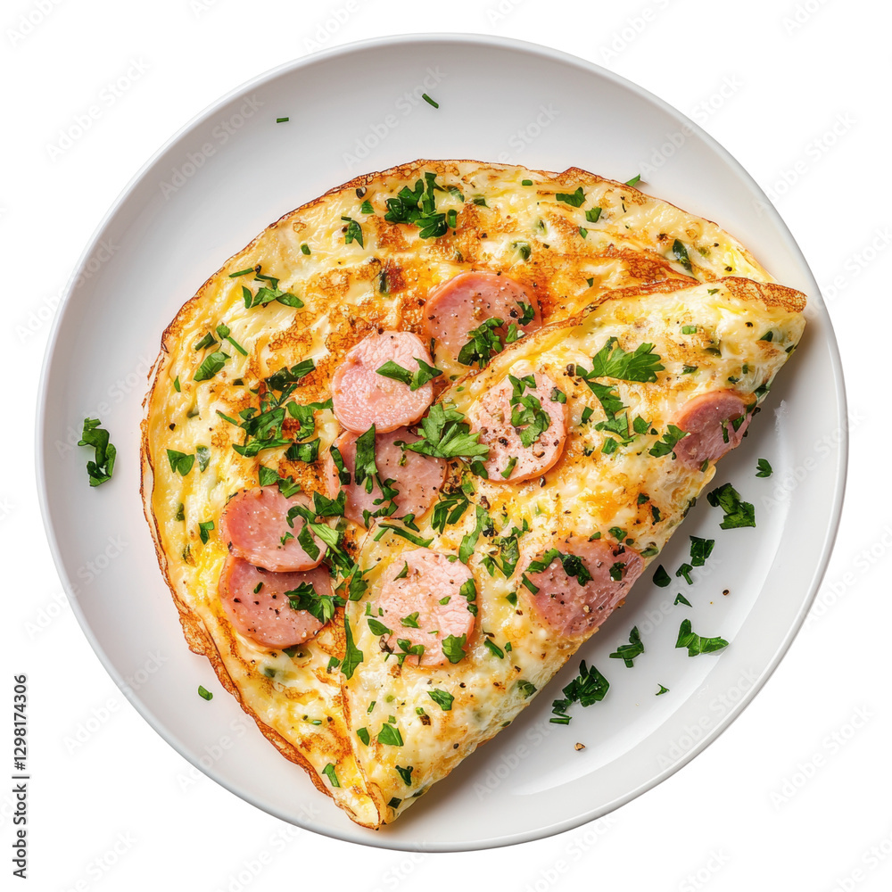 A slice of pizza topped with sausage, cheese, and herbs on a white plate. isolated on white background.