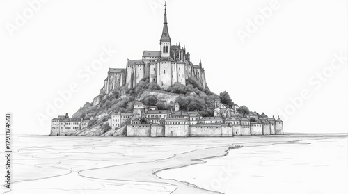 Fine Line Architectural Sketch of Mont Saint-Michel Emphasizing its Medieval Features