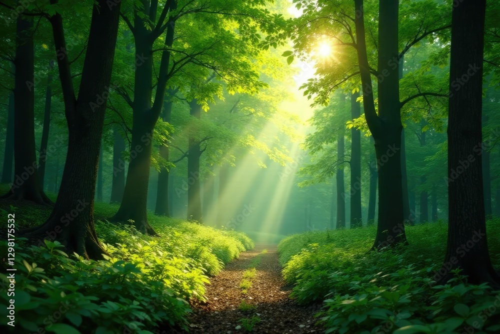 Obraz premium dense green forest with scattered sunlight filter, forest, buffer zone