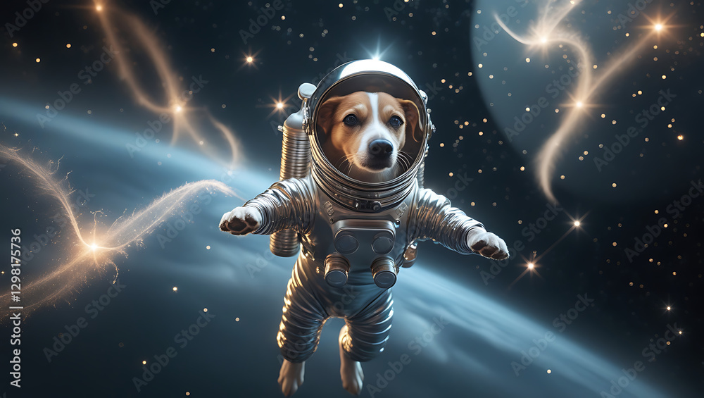 Naklejka premium A mesmerizing, hyper-realistic visual representation of astronaut Dog, suspended in mid-air, surrounded by a majestic, gas-giant planet with iridescent, created by generative ai