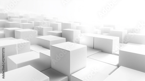 Fototapeta Naklejka Na Ścianę i Meble -  Randomly arranged white cube boxes fading out on a modern background symbolizing abstraction transition emptiness and minimalism with copy space for creative design.


