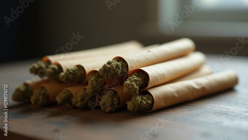 Pre-Rolls. Rolled up marijuana sticks are sitting on table