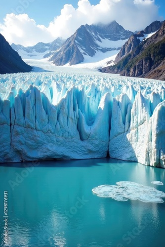 Glacial crevasses and serac formations in the lower part of a glacier, seracs, Alpine scenery, frozen lake
