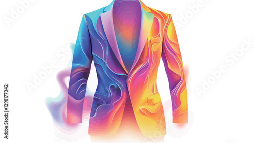 The image depicts a stylized representation of a men's suit. The suit is rendered in a vibrant, abstract style, with colors resembling flowing paint or liquid.  The colors are bright and highly