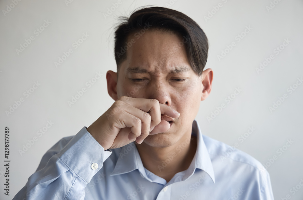 Sick Asian middle aged man suffering from cold or flu with runny nose, nasal viral infection or dust allergy with inflammatory symptoms Sick Asian middle aged man suffering from cold or flu with runny nose, nasal viral infection or dust allergy with inflammatory symptoms