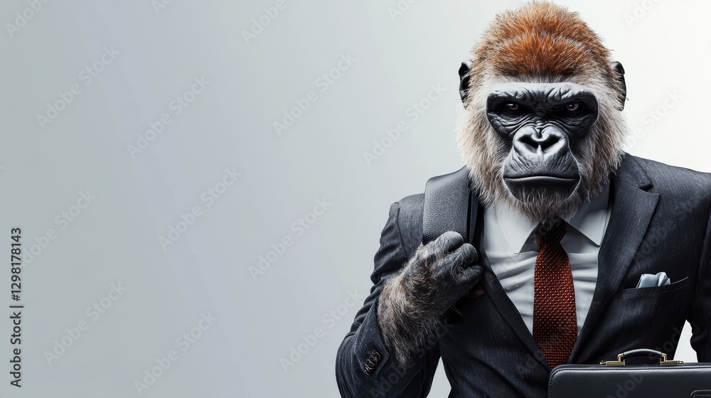 Powerful Gorilla in Business Suit and Red Tie Against a Gray Background Powerful Gorilla in Business Suit and Red Tie Against a Gray Background