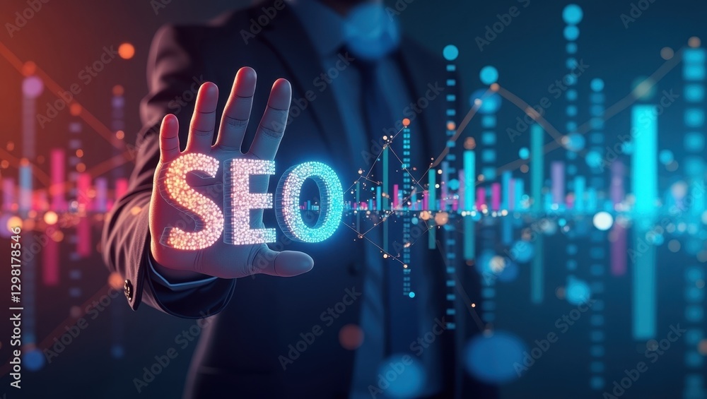 custom made wallpaper toronto digitalSeo Specialist. Man is holding up glowing word that reads seo