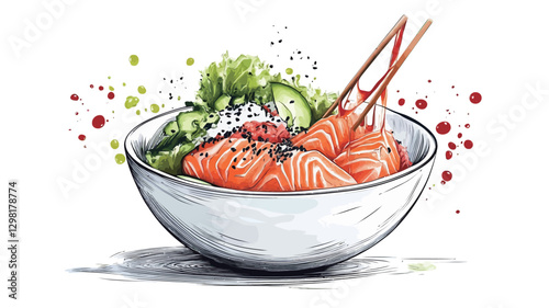 A digital illustration depicting a salmon poke bowl. The bowl is white and contains pieces of salmon, lettuce, cucumber, and a creamy sauce.  Chopsticks are placed on top. The style is loose and