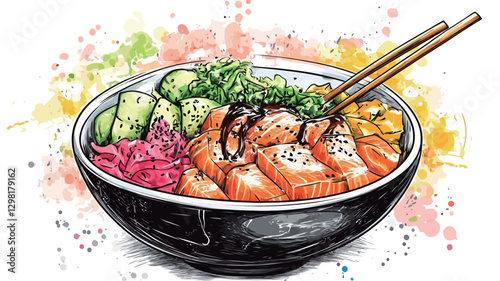 A digital watercolor painting depicts a poke bowl filled with various ingredients including salmon, rice, cucumber, seaweed, corn, and pickled ginger.  The bowl is dark-colored and sits against a