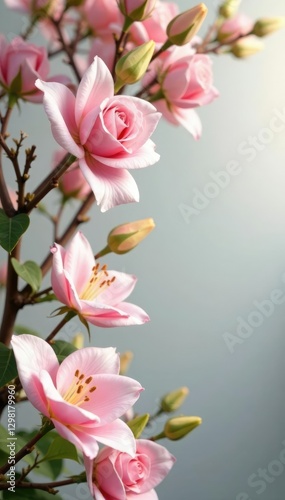 Soft pink roses and white lilies suspended in the air amidst branches, hanging flowers, lilies