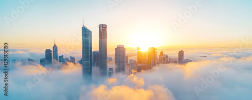Aerial view of modern urban skyline at sunrise above clouds, creating serene atmosphere