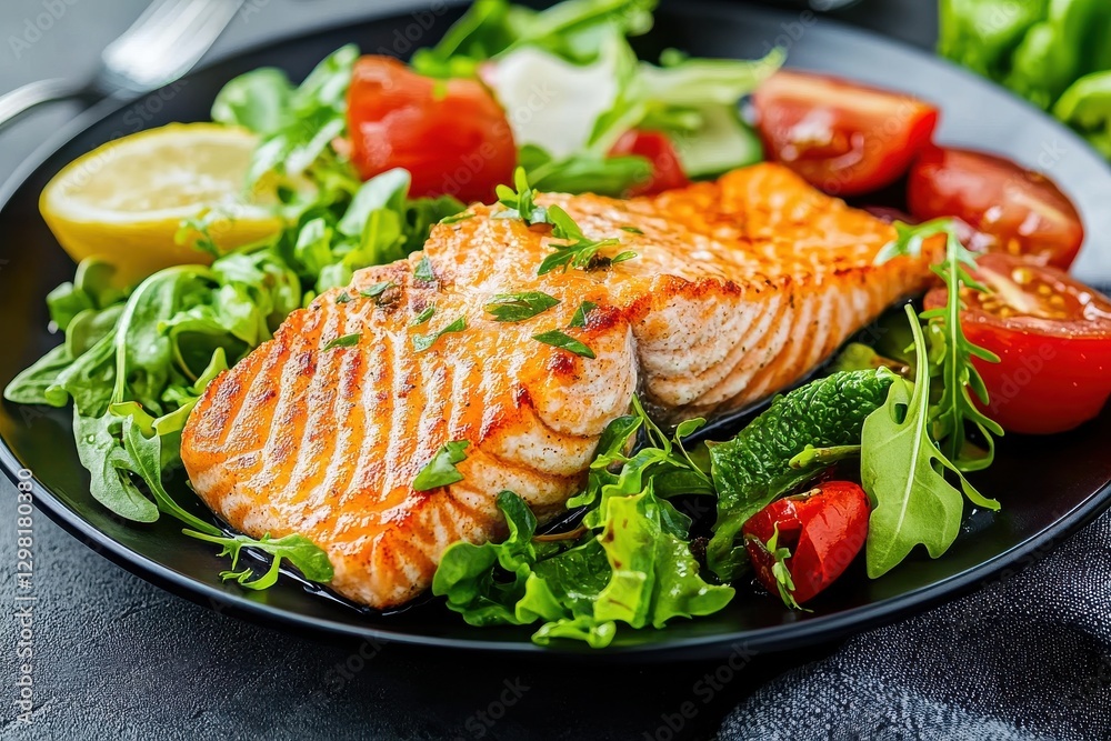 Grilled Salmon Fillet with Fresh Salad and Vegetables on Plate Grilled Salmon Fillet with Fresh Salad and Vegetables on Plate
