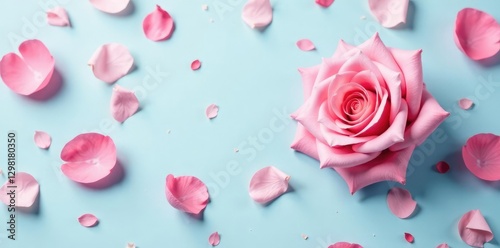 Soft rose petals scattered on a pale blue background, delicate flowers, refinement, soft roses